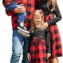 PATPAT Family Matching Outfits Mommy and Me Dresses Matching Set Long Sleeve Plaid Midi Dress and Casual Button Down Shirts XL