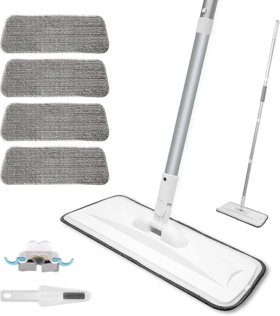 Microfiber Mop for Cleaning Floors, Extendable 16-58 Inch Flat Mop with 4 Reusable Washable Pads for Laminate Hardwood Wooden Wall Hard Floor Vinyl Tile, Wet Dry and Dust Mops for Bathroom Kitchen
