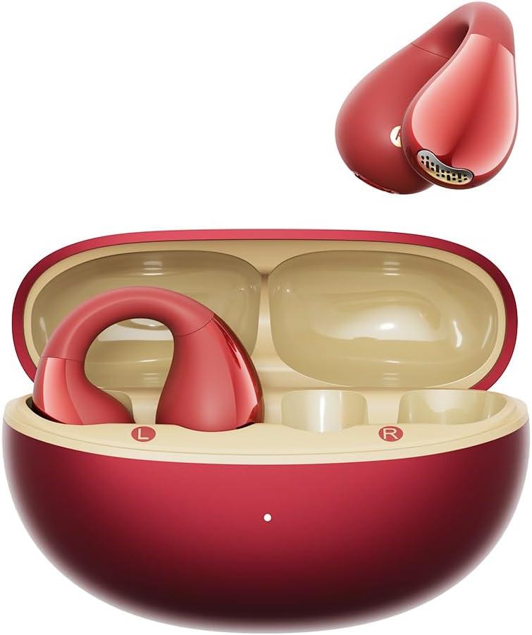QCY Crossky C30S Open Ear Earbuds, Ultra-Comfort Clip On Ear Buds Wireless Bluetooth 6.0, LDAC Hi-Res Audio, Deep Bass, 40H Playtime, Fast Charging, IPX5 Waterproof Sports/Running Earphones (Red)