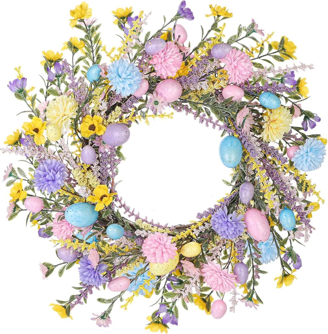 Aneco 24 Inch Easter Wreath Spring Artificial Flower with Colorful Eggs Hydrangeas Daisies Eucalyptus Leaves for Easter Spring Home Window Wall Door Decor Holiday Supplies
