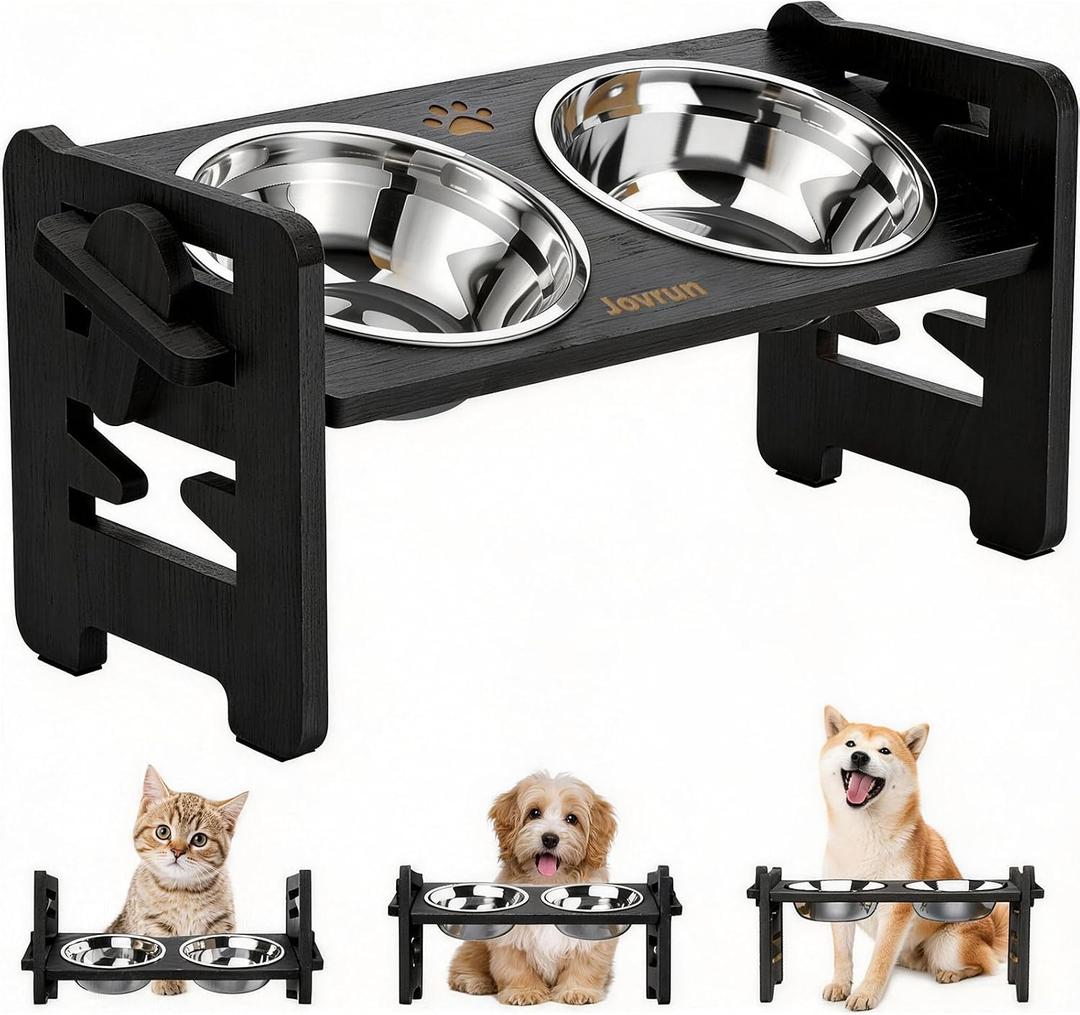 Jovrun Elevated Dog Bowls, Adjustable Raised Dog Bowl Stand for Small Size Dogs and Cats, 15Tilted Elevated Cat Bowls, Durable Bamboo Dogs Feeder with 2 Stainless Steel Bowls and Non-Slip Feet