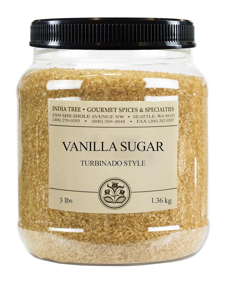 India Tree Vanilla Sugar, 3 lb Canister - Vegan, Non-GMO and Fair Trade Raw Cane Sugar with Real Vanilla Bean (EXP 11/08/32)