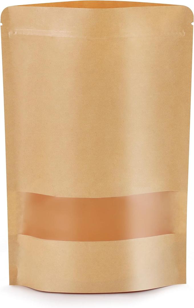 50pcs Kraft Bags with Window 5.9x8.6 Inches Brown Reusable Sealable Zip Lock Food Storage Stand up Paper Pouches for Home or Business