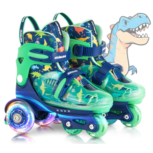 Kids Roller Skates for Beginners  ZOOBLISS Toddler Roller Skates for Boys Ages 37 with LightUp Wheels & 4 Adjustable Sizes, TriWheel Training Skates for Kids (Dino Blue)