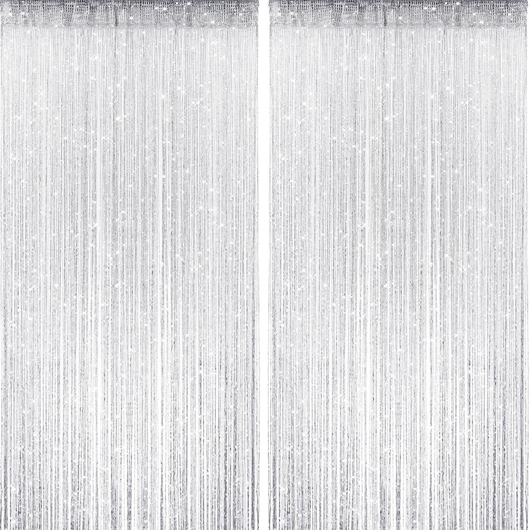 2 Pieces White Glitter String Curtains, 39x79 Inch Doorway Beads Curtains, String Curtain for Doorway, Room, Closet Partition, Windows Wedding Party Boho Tassel Home Decoration