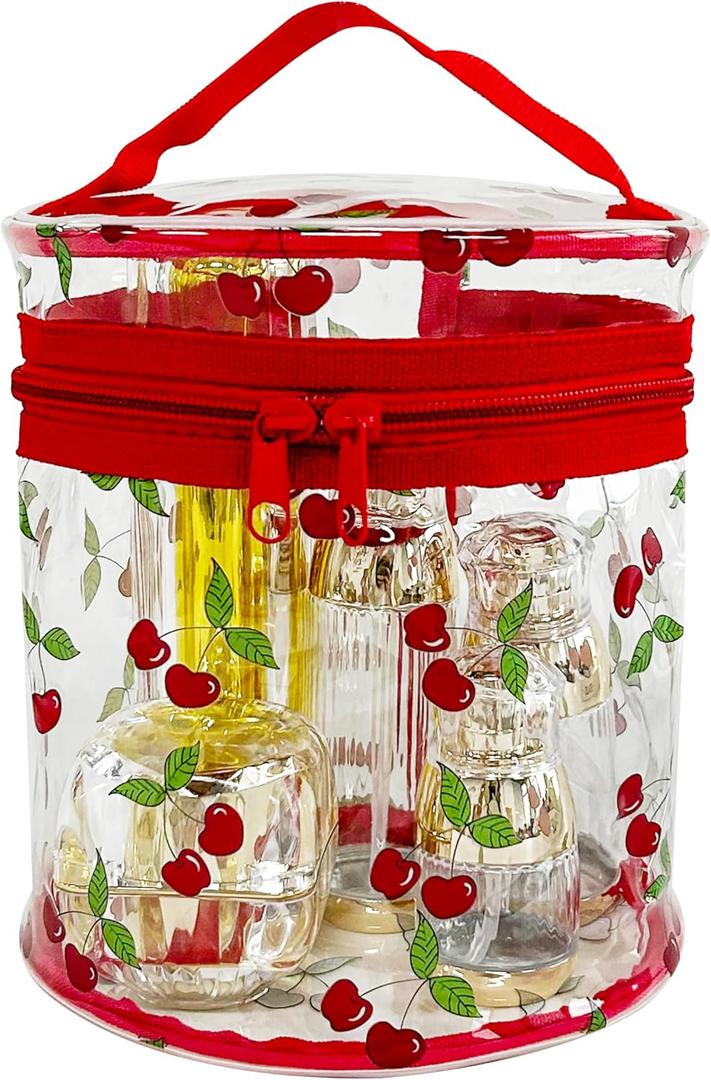 Printed Cherrys Clear Cylinder Travel Makeup Bag,7.1x6.3x6.3inches Portable Waterproof Pouch with Handle Ideal for Women and Girl