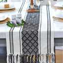 Boho Table Runner with Fringe 14 x 90 Inches, Black & Cream | Woven Washable Console Tabletop Runner / Dresser Scarf, Farmhouse Extra Long Heavy Cotton Table Topper Cover