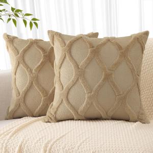 decorUhome Summer Throw Pillow Covers 18x18 Inch Set of 2, Soft Plush Faux Fur Wool Khaki Accent Couch Pillow Covers for Modern Farmhouse Bed Sofa Living Room