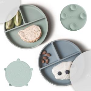 Moonkie Suction Plates for Baby | 100% Silicone BPA-Free Baby Plates with Lids and Food Cover | Divided Design | Microwave and Dishwasher Safe | Toddler Plates 2 Pack (2Pcs-Mint/Ether)