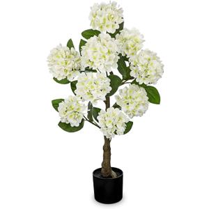 Hollyone 3FT White Hydrangea Artificial Flowers Tree Large Real Touch Faux Silk Hydrangea Plants Potted Fake Flower in Black Pot for Home Indoor Outdoor Front Porch Garden Entrance Living Room Decor