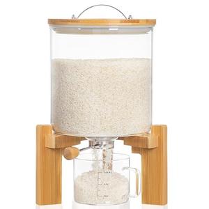 HBlife 8-10 Lbs Glass Rice Dispenser with Wooden Stand Flour and Cereal Container with Glass Measuring Cup Pantry Food Organization Storage Bin with Airtight Bamboo Lid, 5L