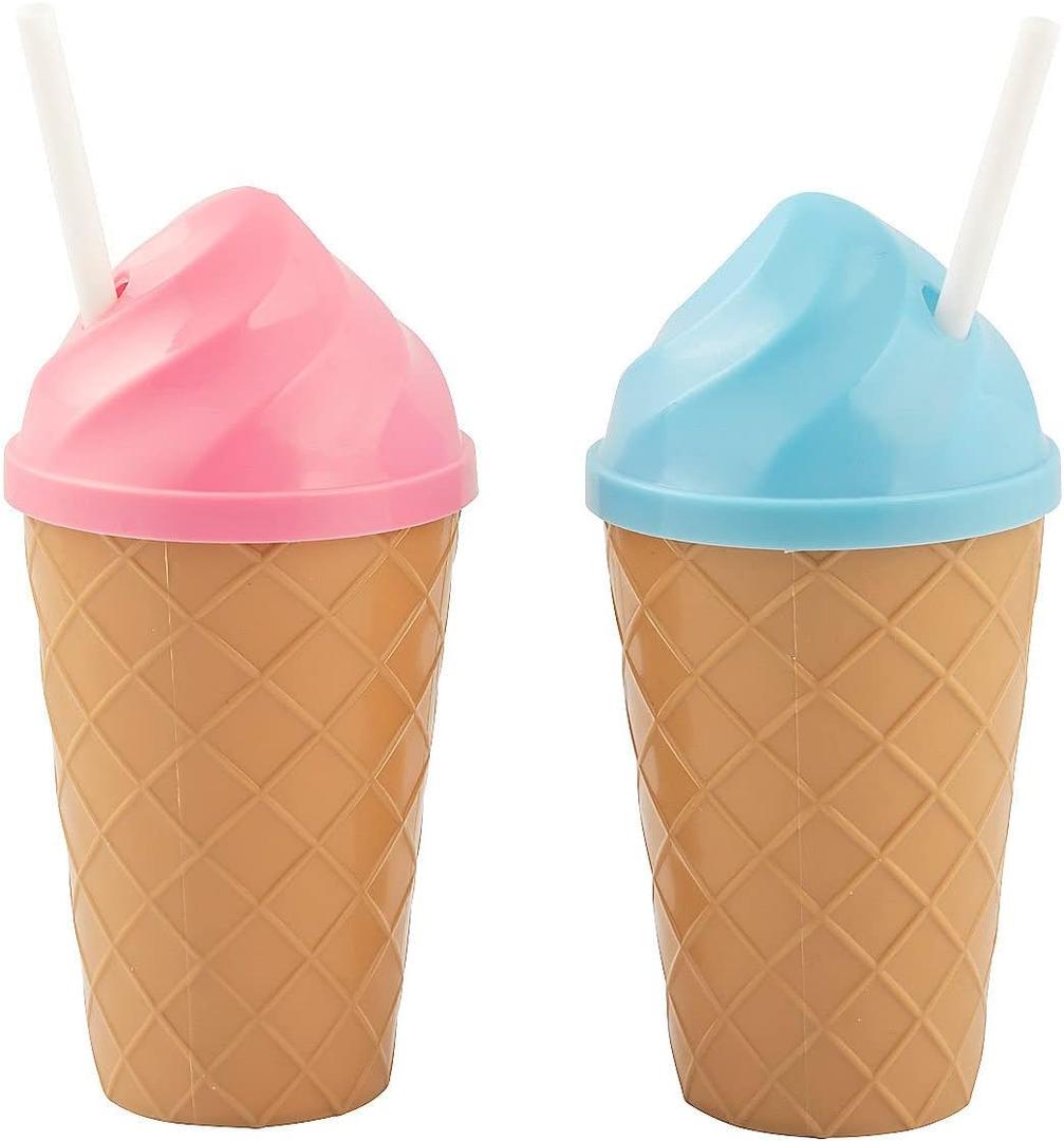 Fun Express 12 Pieces Ice Cream-Shaped Cups with Straws, Holds 14 oz, BPA Free Plastic, Birthday Party Supplies, Multi-Color