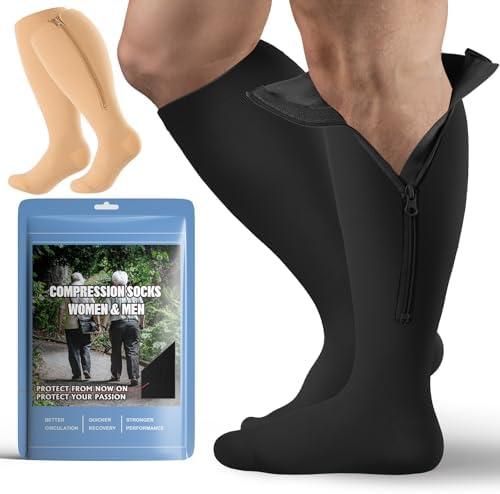 Tinojye 2 Pair Plus Size Closed Toe Compression Socks with Zipper, Compression Stockings for Overweight Women Men 15-20 mmHg