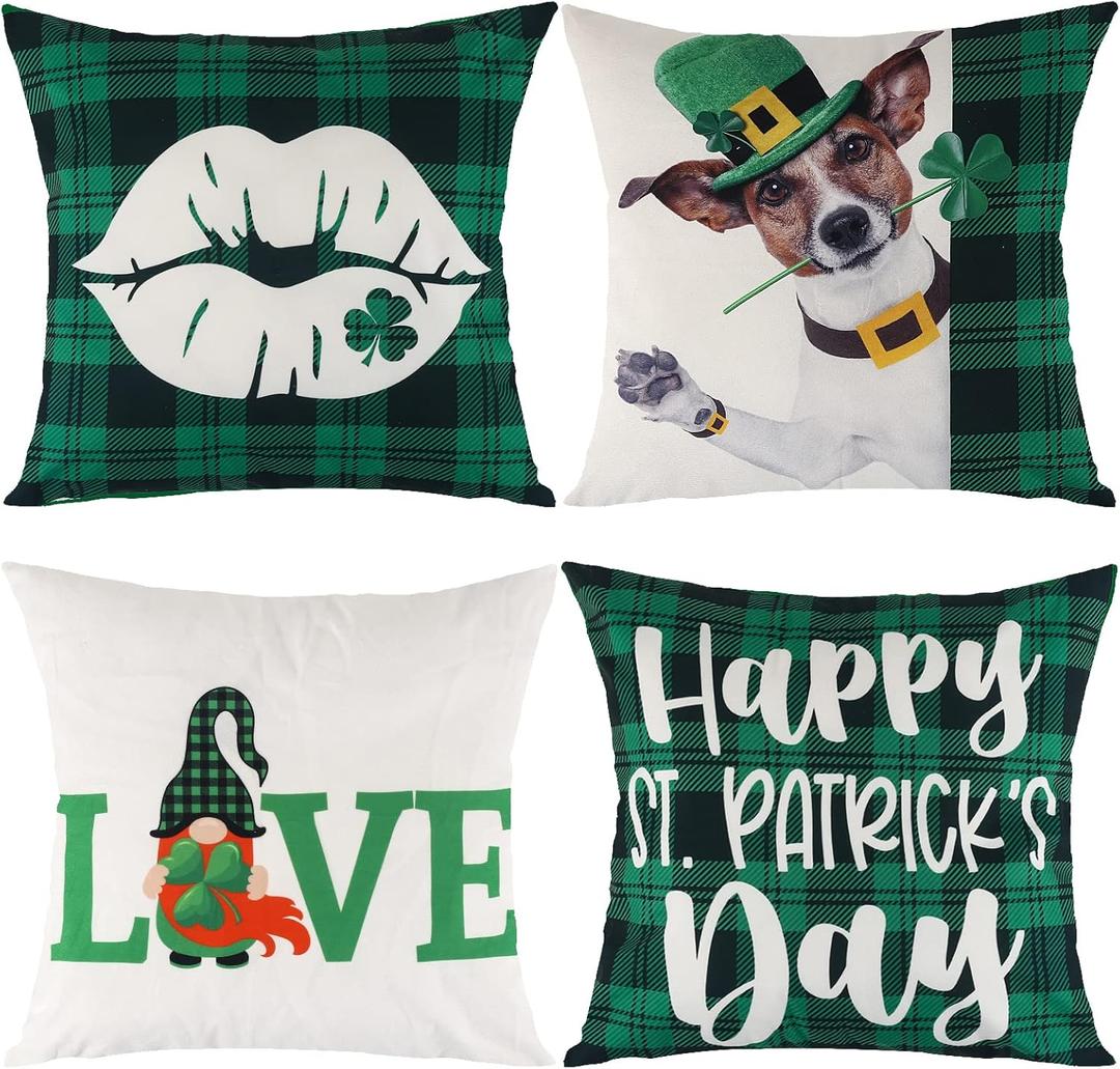 St Patricks Day Decorations Pillow Covers 18x18 Set of 4 Green Buffalo Plaid Throw Pillow Covers Irish Shamrock Home Decor Throw Pillows Cover, Love Lip Heart Dog Clovers Cushion Case for Sofa Couch