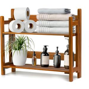 VaeFae Teak Wood Floating Shelves Bathroom, Foldable Wooden Rack Wall Mount, 2 Shelves