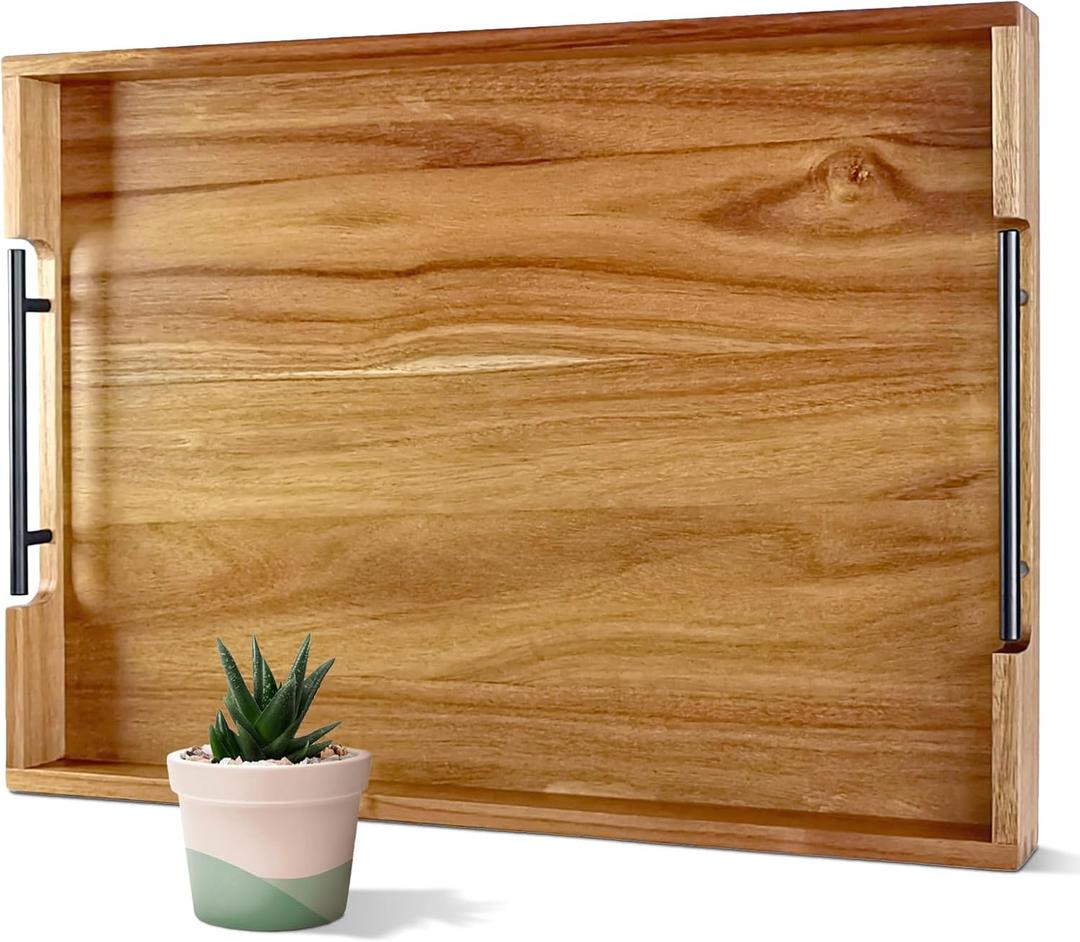 22 Inches Acacia Wood Serving Tray with Metal Handles, Large Wooden Rectangle Ottoman Tray, Decorative and Durable Design for Living Room Coffee Table Couch Kitchen (22" x 15.7" x 2")