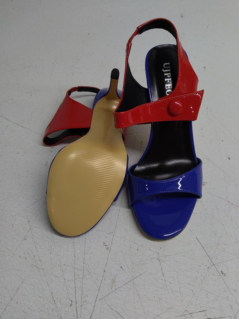 UJPFEO Women's Slingback Heels Round Open Toe Strappy Sandals Ankle Strap Patent Leather High Heeled Sandals Dressy Shoes, Redblue, 6.5 