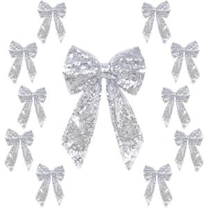 PartyDelight Bow Decor Silver 10Pcs Sequin Christmas Tree Bows 6x8Inch Ribbon Tie for Xmas Birthday Party Room Decorations Coquette Backdrop Wall Decors