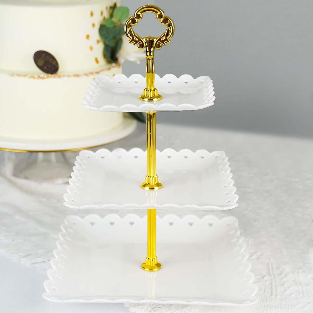 Efavormart 13" White 3-Tier Square Cupcake Stand, Dessert Holder - Plastic with Heart Design Scalloped Edges
