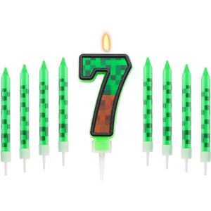 2 x Pixels Themed 7th Birthday Candle, Pixels Cake Topper for Boys Girls, 9 Pcs Candle Set, Game Cartoon Theme Birthday Party Supplies (Number 7)