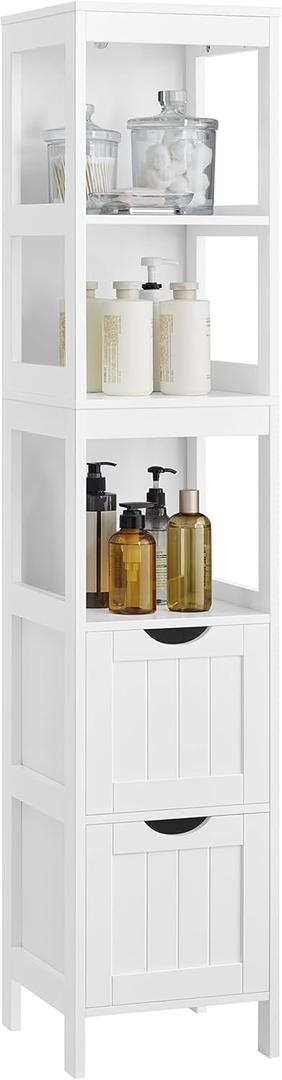 VASAGLE Storage Cabinet, Storage Organizer Rack Stand for Bathroom, Living Room, Multifunctional Corner Unit, 2 Drawers, 55.7 Inches in Height, White UBBC66WT
