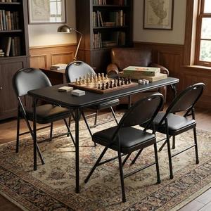 IDEALHOUSE 5 Piece Folding Card Table and Chairs Set, Protable Folding Table and Chairs, Foldable PU Upholstered Table and Chairs Set of 5, for Dining Room, Living Room, Office, Camping, Black