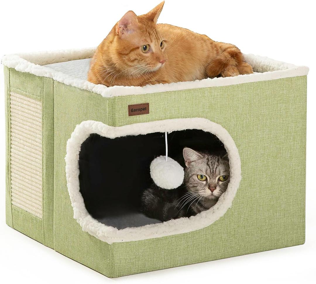 Garnpet Cat Bed for Indoor Cats Cube House, Covered Cat Cave Beds & Furniture with Scratch Pad and Hideaway Tent, Cute Modern Cat Condo for Multi Small Pet Large Kitten Kitty, Green (16.5"D x 16.5"W x 13"H)