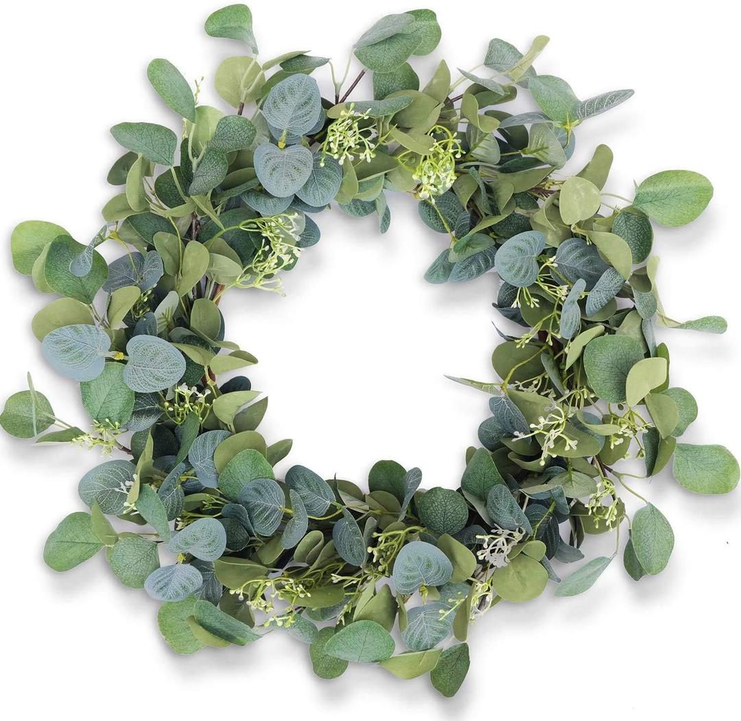 Eucalyptus Wreaths for Front Door 20", Handmade Green Leaves Wreath for Summer, Spring and All Seasons, Greenery Floral Wreath for Wall and Outside