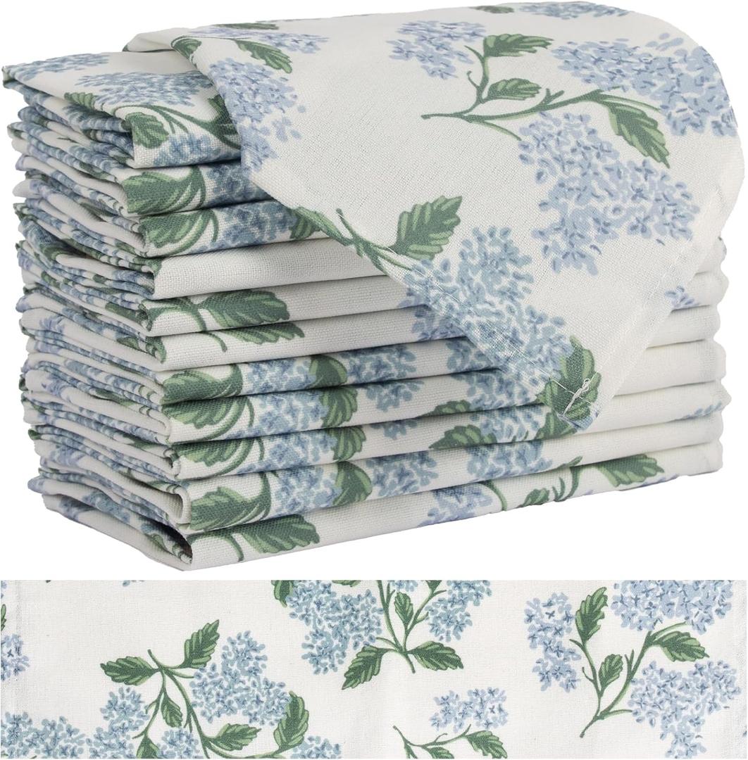 Sage Green Hydrangea Cloth Napkins Set of 12,Blue and White Vintage Floral Dinner Napkins Natural Linen Cotton -Reusable, Premium Hotel Quality Party Napkin Towels for Everyday Use, Weddings