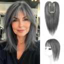 HOOJIH Hair Topper for Women with Thinning Hair 4x2.5inch Base Real Human Hair Topper with Bangs Handmade Invisiable Lace Front Topper - Dark Gray
