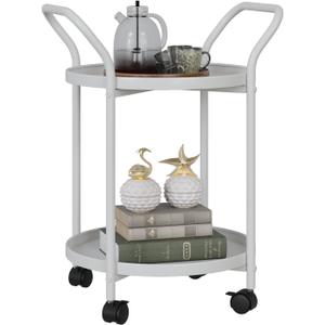 MKZYO 2-Tier Round End Table with Wheels and Handle, Movable Side Table for Living Room, Metal Steel Weather Resistant Portable Outdoor and Indoor Accent Table for Garden Balcony Yard (White)