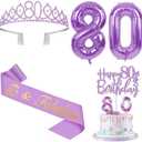 80th Birthday Decorations for Women Purple with 80th Birthday Sash and Crown, Cake Topper and Candles, Number Balloons, 80 Year Old Gifts for Women