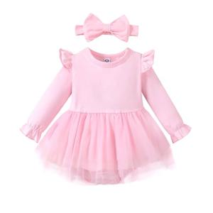 Magic Park 0-18M Infant Bodysuit Tutu Dress Baby Girl Romper Dress Toddler Solid Color Tulle Skirt Baptism Holidays Outfits (Long Pink, 18 Months)