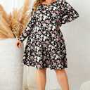BLANCHES Plus Size Floral Dress for Women Long Sleeves Crew Neck Casual Dresses Empire Waist Swing Cute Tiered Loose A-Line Flowy Dress with Pockets