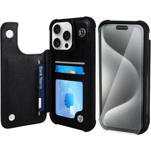 VANAVAGY Wallet Case Compatible for iPhone 15 Pro for Women Men with Credit Card Holder,RFID Block Leather Flip Folio Phone Cover Magnetic Clasp Kickstand with Screen Camera Protector,Black
