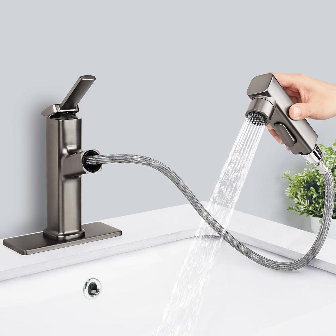 Bathroom Sink Faucet with Pull Out Sprayer, 3 Water Flow Modes Modern Bathroom Faucet with Pop-up Drain, Single Hole or 3 Hole Pull Down Bathroom Faucet (Gray)