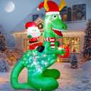 8ft Christmas Inflatables Dinosaur Outdoor Decorations with Bright LED and Disco Light, Santa Claus Riding Dinosaur Holding Gift Box, Outside Blow Up Decor for Xmas Holiday Party Yard Garden
