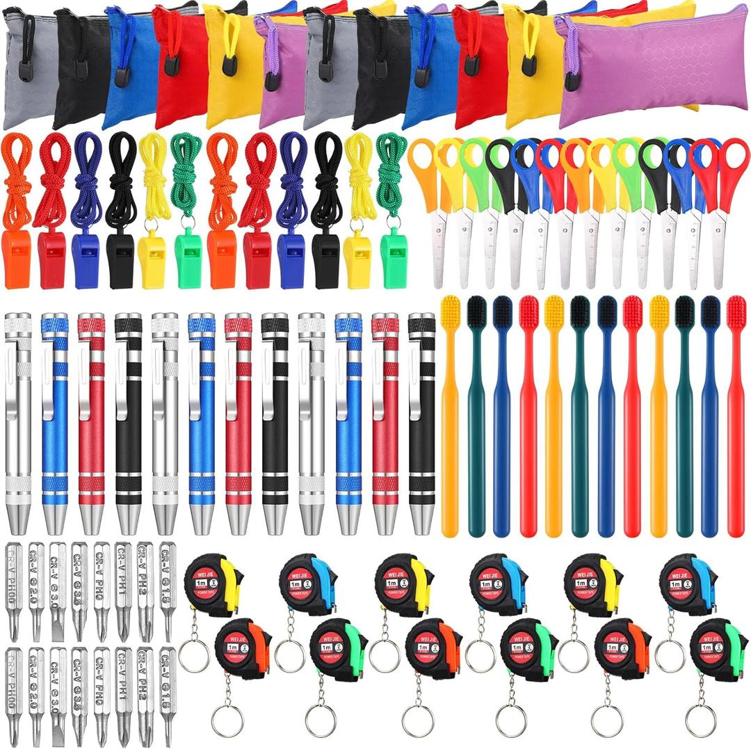 Therwen 72 Pcs Christmas Gifts Bulk Mini Tool Kit with Tool Bags Toothbrush Whistle Scissors Screwdriver Tape Measure Party Favors Stocking Stuffers Gifts for Charity Volunteers Organizations