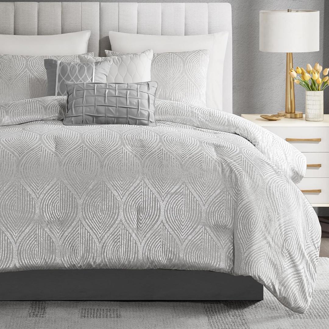 Madison Park Velvet Jacquard Grey King Comforter Set, 7pc