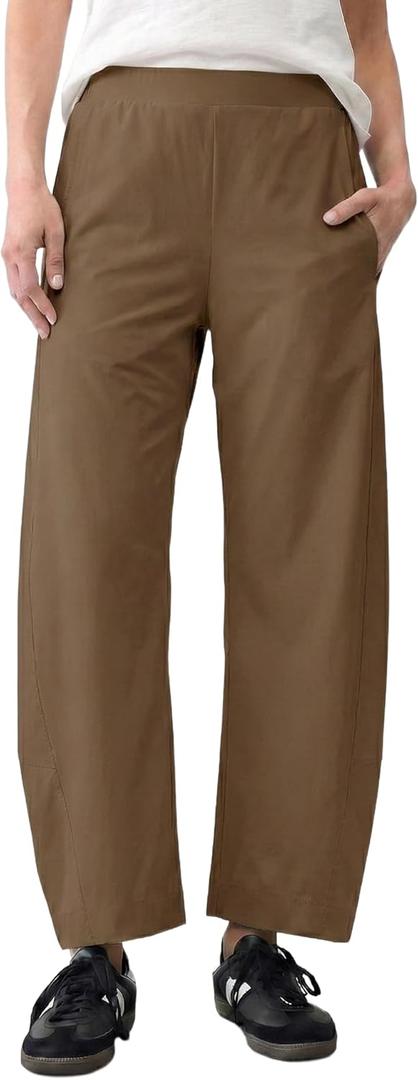 LOMON Barrel Pants for Women Hidden Elastic Quick Dry Travel Crop Ankle Wide Leg Golf Trousers with Pockets Spring 2026 (Medium, Brown)