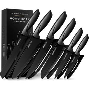 Home Hero Kitchen Knife Set with Sheath Covers - High Carbon Stainless Steel Kitchen Knives with Ergonomic Handles & Ceramic Coating, Nonstick Ceramic Knife Set with Chef Knife (12 Pcs - Black)