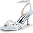 Coutgo Womens Pearl Kitten Heels Sandals Square Open Toe Dress Sandals Ankle Strap Satin Wedding Party Summer Sandals, Sky Blue, size 9.5