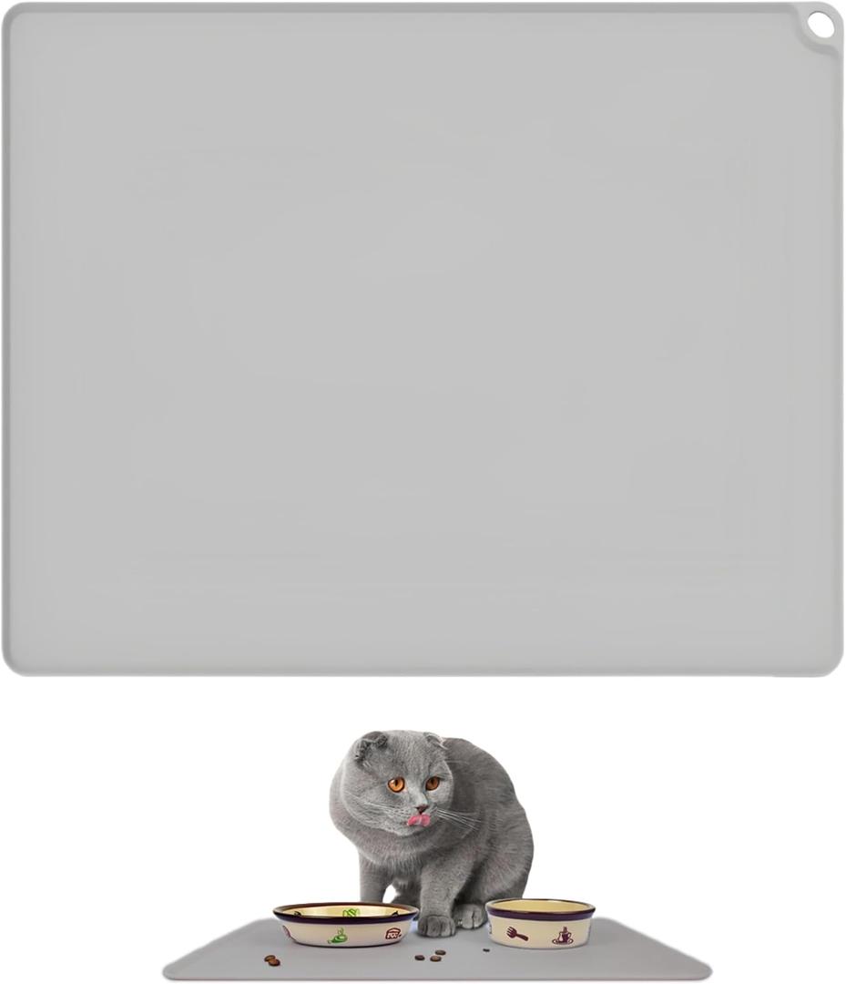 Silicone Pet Food Mat, 28×22 Inch Waterproof Dog Cat Feeding Mat with Non-Slip Bottom, Leak-Proof Edges, Easy to Clean(Grey)