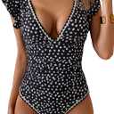 Aidonger Women's One Piece Ruffle Swimsuit Tummy Control Bathing Suit V Neck Shell Stitched Swim Suit Slimming Swimwear (Black, XXL)