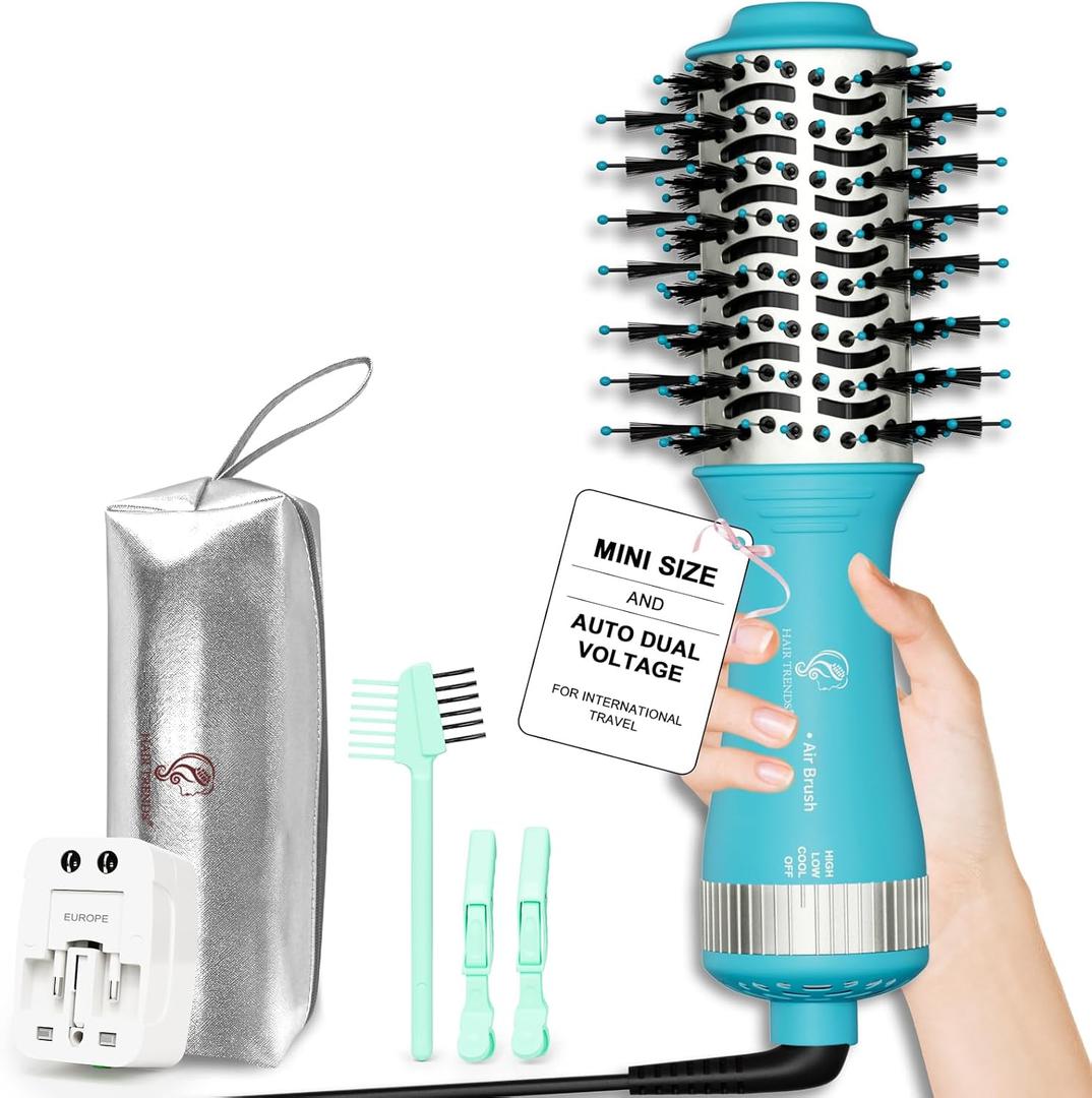Travel Size Mini Hot Air Dryer Straightener & Curler Brush, Dual Voltage 2-Inch Nano Titanium Blowout Styler Volumizer Tool, European Blow Dryer Brush with Universal Adapter (50 mm, Blue)