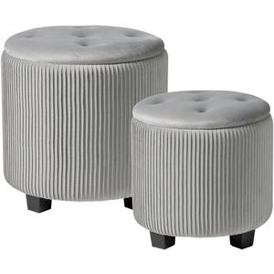 BLEXA Tufted Ottoman Set of 2 Large Round Velvet Storage Ottoman Gra