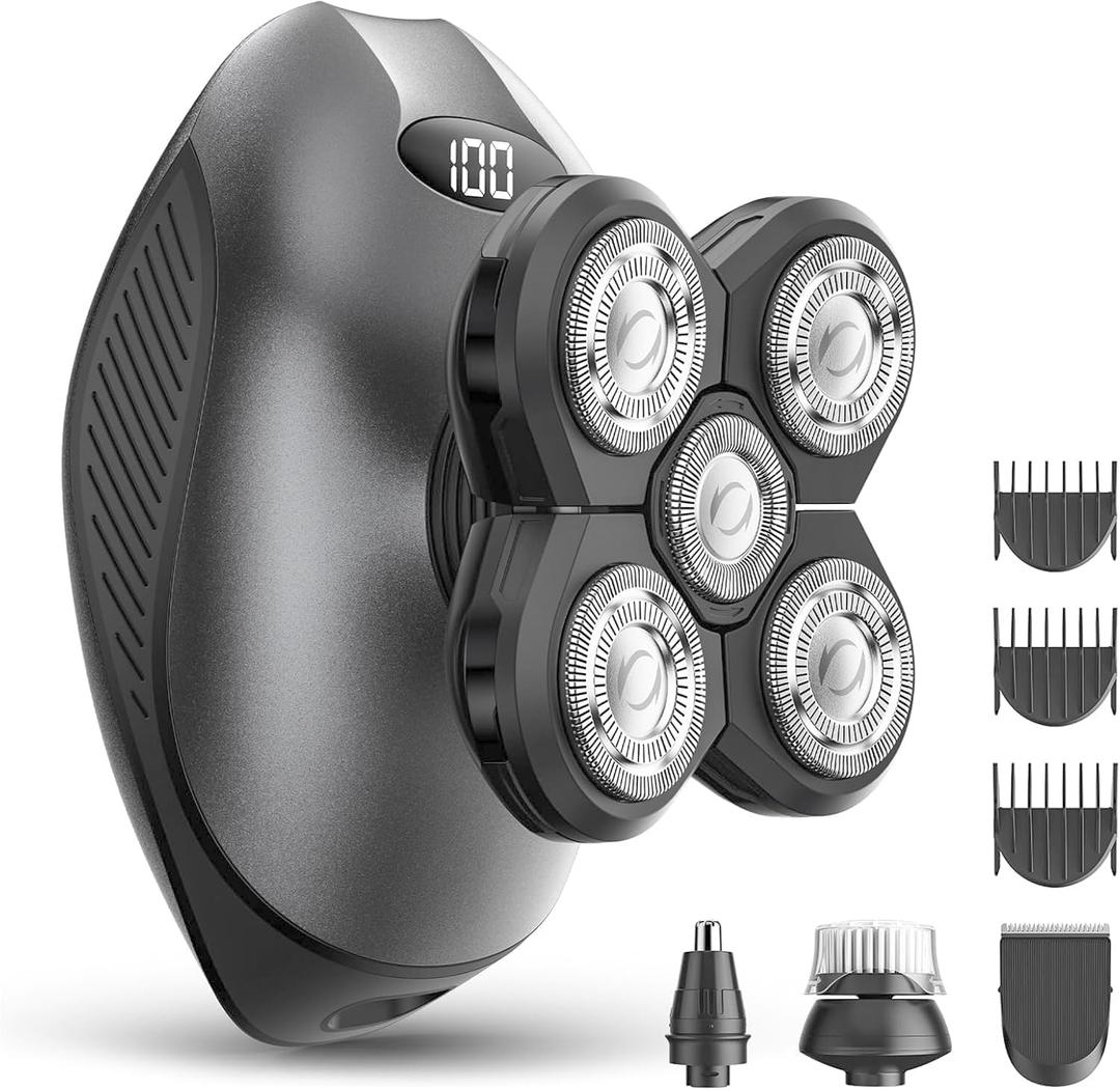 Electric Razor for Men, 5-in-1 Multi-Function Electric Shavers for Men, IPX7 Waterproof Bald Head Shaver with LED Display, Rechargeable Beard Trimmer Body Hair Trimmer, Ideal Gifts for Husband (Black)