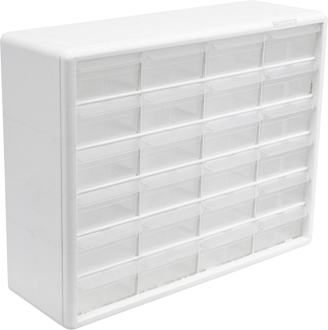 Akro-Mils 24-Drawer Plastic Drawer Storage Cabinet for Garage Organization, Bead Organizer, Building Bricks Storage, Teacher Toolbox, Makeup Organizer, 20-Inch W x 6-Inch D x 16-Inch H, 10124 White