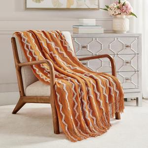 BOURINA Fluffy Chenille Knitted Fringe Throw Blanket Lightweight Soft Cozy for Bed Sofa Chair Throw Blankets, Orange 50" x 60"