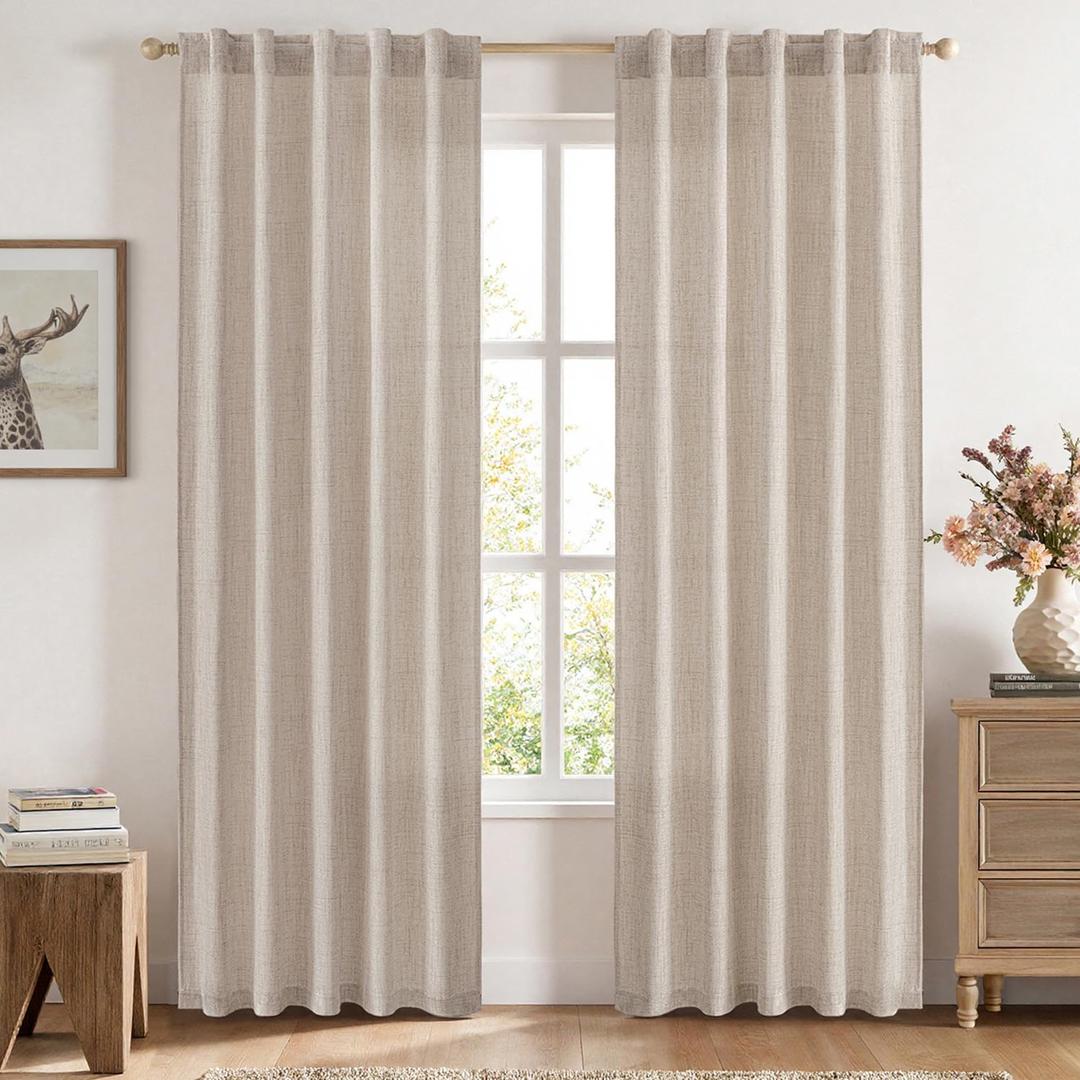 MIULEE Faux Linen Curtains 84 Inch Length 2 Panels Natural Semi Sheer Curtain with Back Tab Rod Pocket, Light Filtering Window Privacy Burlap Drapes for Living Room Bedroom 42W x 84L Linen